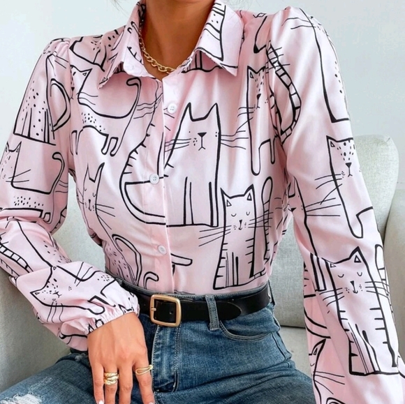Cat Print Button Front Blouse - Picture 3 of 9